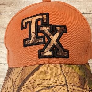 Texas Ball Cap Burnt Orange Crown w/ Camo Print on Bill. Adjustable Closure